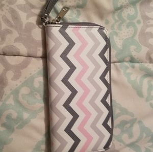 Gray and pink chevron wristlet wallet.
